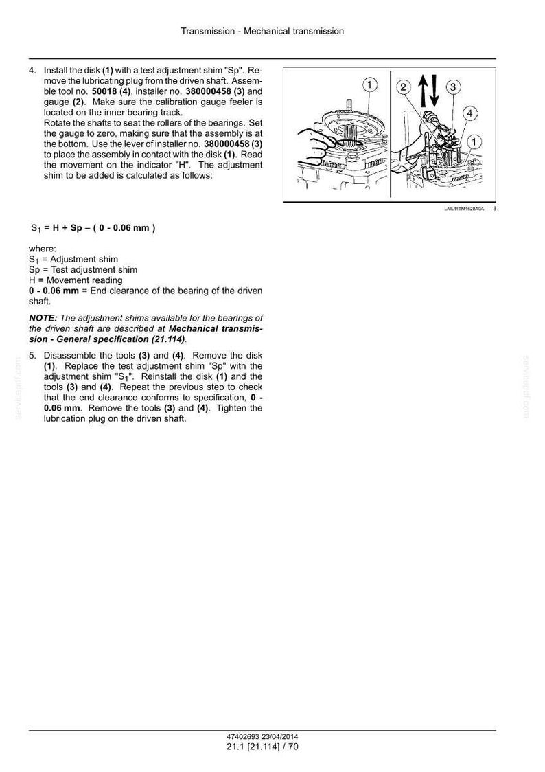May include: Diagram from a mechanical transmission manual, illustrating the installation of a disk and adjustment shims. Includes numbered components and text instructions for assembly and measurement. The image is in black and white.