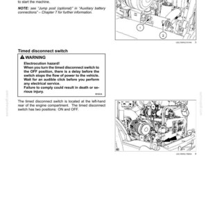 May include: Diagram of a machine's engine compartment with labels for jump posts and a timed disconnect switch. The image includes warnings about electrocution hazards and instructions for safe operation. The text includes the phrase "3 - CONTROLS AND INSTRUMENTS".