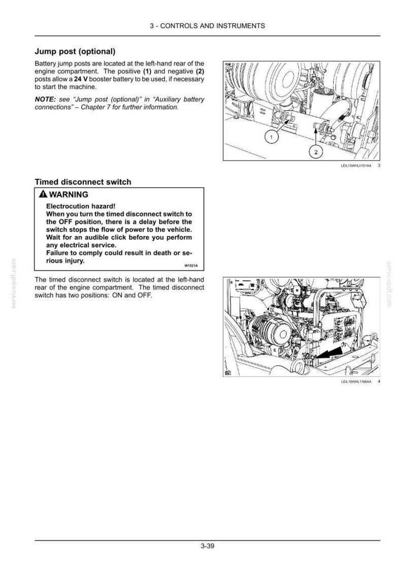 May include: Diagram of a machine's engine compartment with labels for jump posts and a timed disconnect switch. The image includes warnings about electrocution hazards and instructions for safe operation. The text includes the phrase "3 - CONTROLS AND INSTRUMENTS".