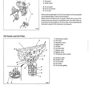 May include: A technical diagram titled Structure and Operation showing an oil pump with a crankshaft gear, oil pump gear, and relief valve, followed by an oil cooler and oil filter assembly with numbered components and flow paths labeled A through E.