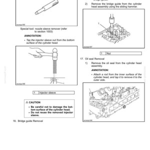 Puede incluir: Diagrama que ilustra la extracci&oacute;n e instalaci&oacute;n de una culata. Incluye im&aacute;genes de herramientas, anotaciones y pasos para tareas como la extracci&oacute;n de la gu&iacute;a del puente y el ret&eacute;n de aceite. El texto incluye precauciones y nombres de piezas.