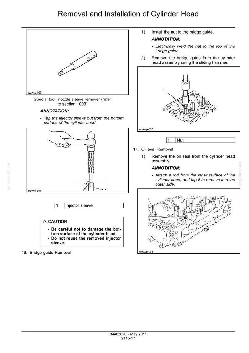 Puede incluir: Diagrama que ilustra la extracci&oacute;n e instalaci&oacute;n de una culata. Incluye im&aacute;genes de herramientas, anotaciones y pasos para tareas como la extracci&oacute;n de la gu&iacute;a del puente y el ret&eacute;n de aceite. El texto incluye precauciones y nombres de piezas.