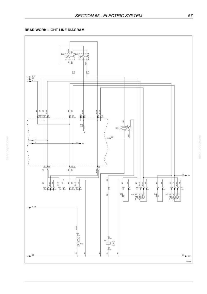 以下が含まれることがあります： SECTION 55 - ELECTRIC SYSTEMおよびREAR WORK LIGHT LINE DIAGRAMと題された技術的な線図。この白黒の回路図は、車両照明システムの電気部品、配線経路、および接続ポイントを示しています。