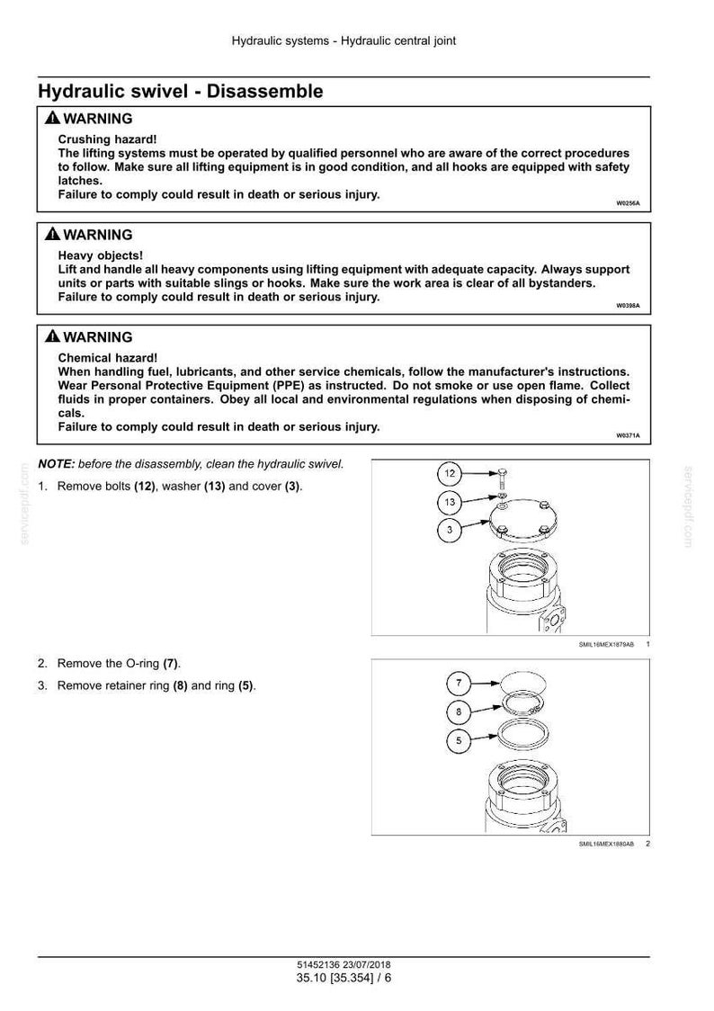 May include: Diagram of a hydraulic swivel disassembly process. The image includes warnings about crushing and chemical hazards. It shows the removal of bolts, washers, O-rings, and retainer rings. The text includes instructions and part numbers.