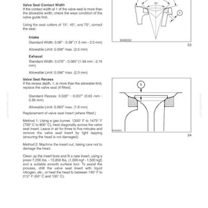 May include: Diagram of a valve seat with measurements in inches and millimeters. Includes text detailing valve seat contact width, intake, exhaust, and valve seat recess specifications. Also shows methods for replacement.