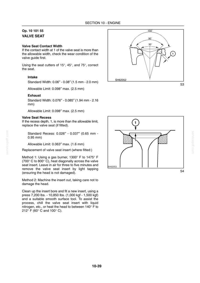 May include: Diagram of a valve seat with measurements in inches and millimeters. Includes text detailing valve seat contact width, intake, exhaust, and valve seat recess specifications. Also shows methods for replacement.