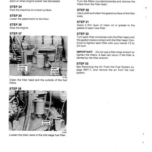 May include: A black and white diagram detailing the replacement of fuel filters. The image includes text instructions, diagrams of engine components, and labels such as "SECOND STAGE FILTER" and "FIRST STAGE FILTER."