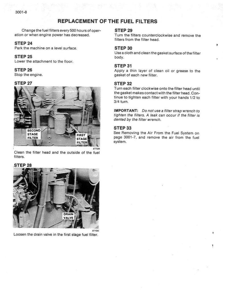May include: A black and white diagram detailing the replacement of fuel filters. The image includes text instructions, diagrams of engine components, and labels such as "SECOND STAGE FILTER" and "FIRST STAGE FILTER."