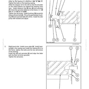 May include: Diagram of a machine assembly process, detailing the installation of various components such as bearings, sprockets, and cover plates. Includes measurements in inches and Fahrenheit.