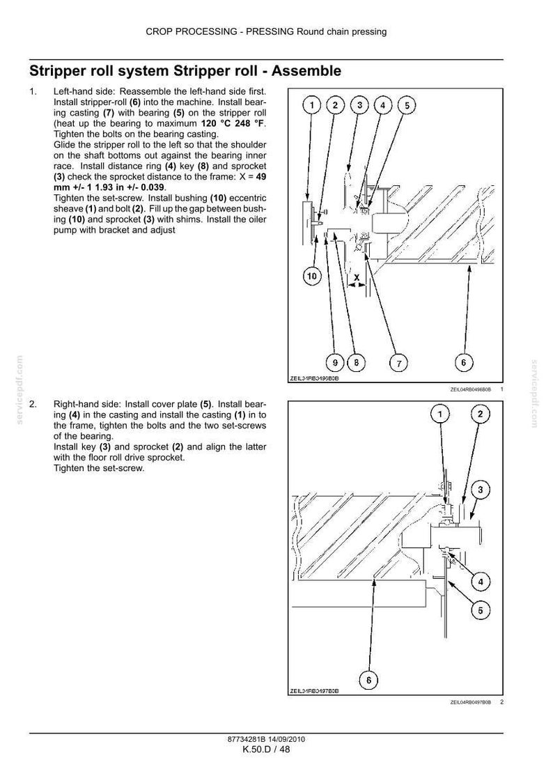 May include: Diagram of a machine assembly process, detailing the installation of various components such as bearings, sprockets, and cover plates. Includes measurements in inches and Fahrenheit.