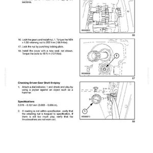 May include: Diagram from a manual showing the transmission system with gears, nuts, and bolts. The text includes instructions for installation, torque specifications, and endplay checks. Measurements are in inches and foot-pounds.