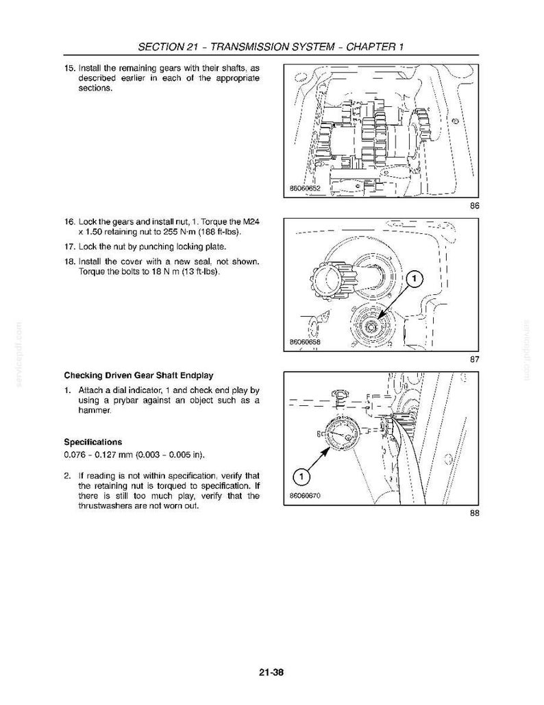 May include: Diagram from a manual showing the transmission system with gears, nuts, and bolts. The text includes instructions for installation, torque specifications, and endplay checks. Measurements are in inches and foot-pounds.