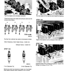 May include: A black and white technical diagram with engine assembly instructions. The image includes diagrams of engine components, measurements in millimeters, and step-by-step instructions for engine maintenance and repair. Text includes "STEP 102", "STEP 103", "STEP 104", "STEP 105", and "STEP 106".