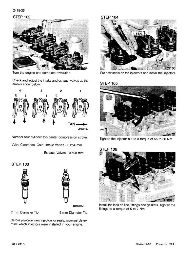 May include: A black and white technical diagram with engine assembly instructions. The image includes diagrams of engine components, measurements in millimeters, and step-by-step instructions for engine maintenance and repair. Text includes "STEP 102", "STEP 103", "STEP 104", "STEP 105", and "STEP 106".