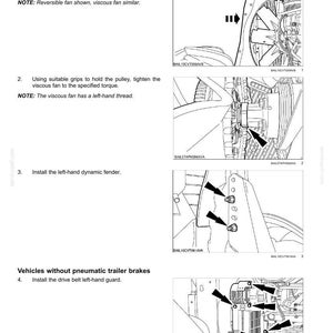 May include: Diagram of engine components with instructions for installation. Includes images of a fan, pulley, and fender, with arrows indicating installation points. Text includes "Fan and drive Viscous drive - Install".