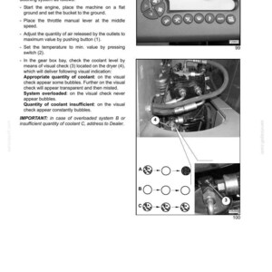 May include: A page from a manual detailing air conditioning system checks. It includes diagrams of controls, a gear box bay, and visual checks for coolant levels. Text explains the process and potential issues.