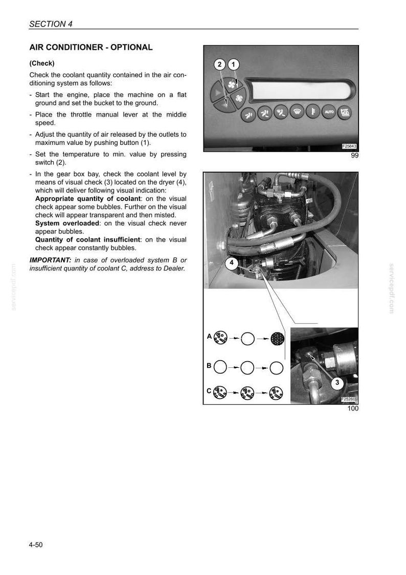 May include: A page from a manual detailing air conditioning system checks. It includes diagrams of controls, a gear box bay, and visual checks for coolant levels. Text explains the process and potential issues.