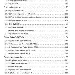 May include: A detailed technical document page with a list of automotive systems and components, including Four-Wheel Drive, Front Axle, Rear Axle, Power Take-Off, Brakes, and Hydraulic systems. The document includes section numbers and sub-sections.