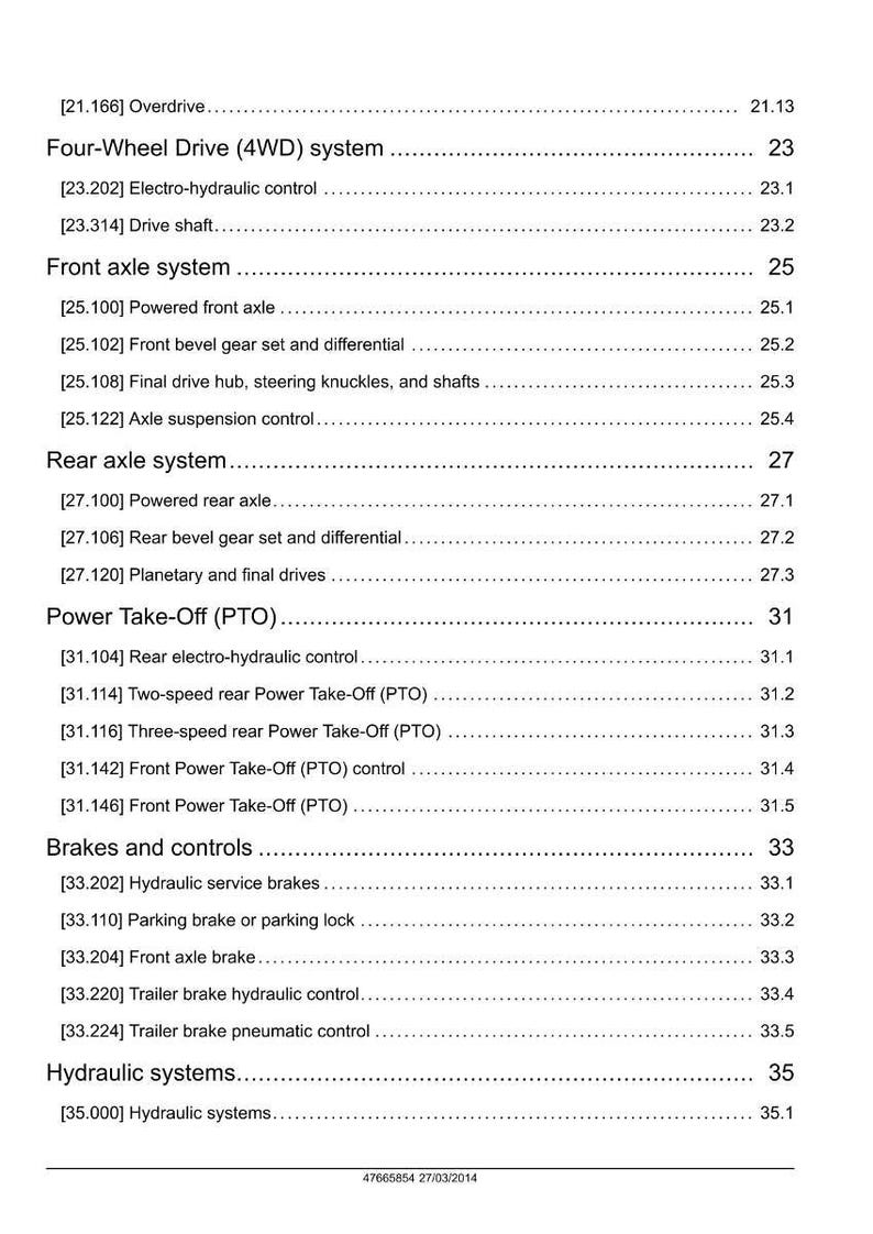 May include: A detailed technical document page with a list of automotive systems and components, including Four-Wheel Drive, Front Axle, Rear Axle, Power Take-Off, Brakes, and Hydraulic systems. The document includes section numbers and sub-sections.