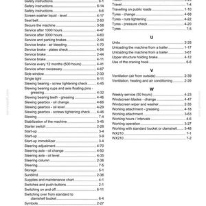 Pu&ograve; includere: Un indice alfabetico da un manuale, con voci per varie procedure di manutenzione e funzionamento della macchina. Il testo include termini come "Istruzioni di sicurezza", "Freno di servizio" e "Funzionamento".