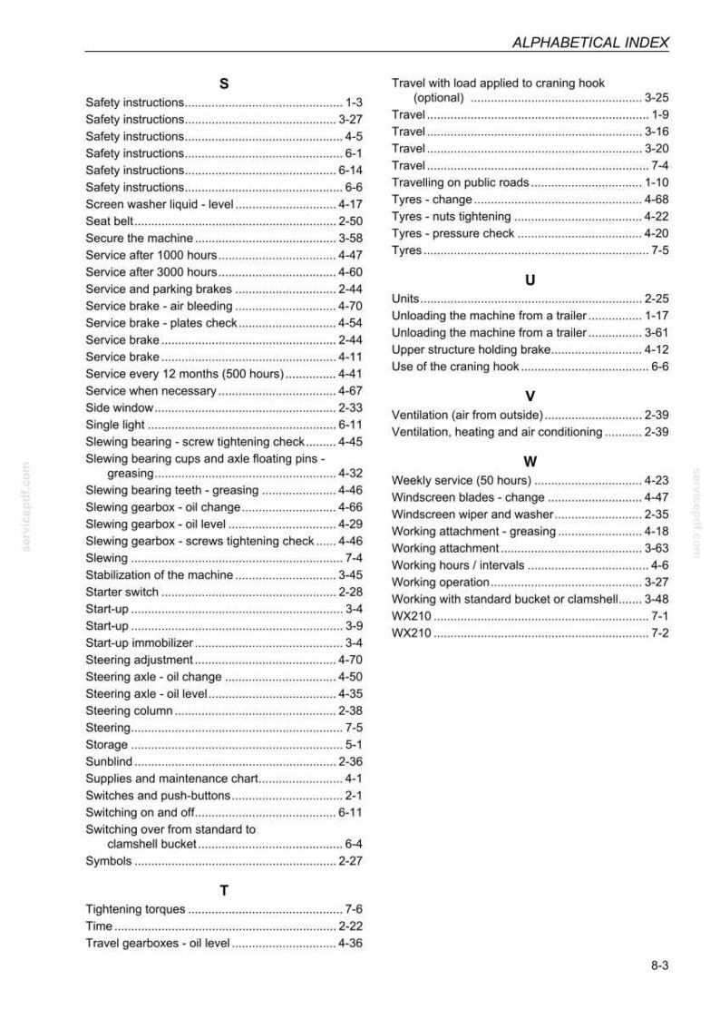 Pu&ograve; includere: Un indice alfabetico da un manuale, con voci per varie procedure di manutenzione e funzionamento della macchina. Il testo include termini come "Istruzioni di sicurezza", "Freno di servizio" e "Funzionamento".