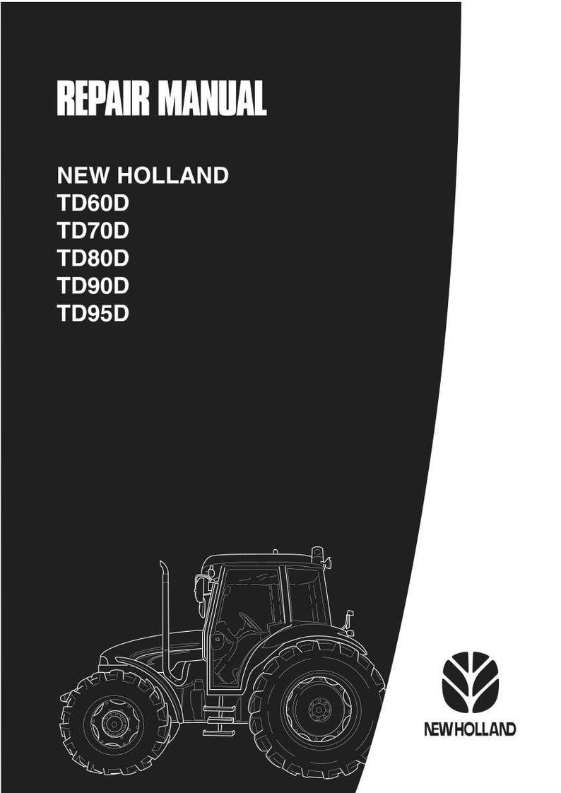 May include: Black and white repair manual cover featuring a tractor outline. The text "REPAIR MANUAL" is at the top, with "NEW HOLLAND" and tractor model numbers TD60D, TD70D, TD80D, TD90D, and TD95D listed below. The New Holland logo is in the bottom right.