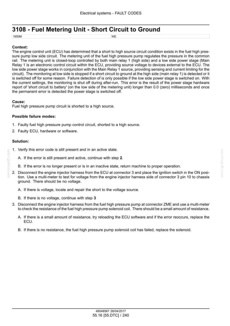 May include: Document detailing fault codes for electrical systems, specifically error code 3108, related to a fuel metering unit short circuit to ground. Includes context, cause, possible failures, and solutions for troubleshooting.