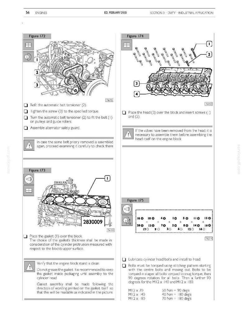 May include: Diagram from a manual showing engine components, including a belt tensioner, cylinder head, and gasket. The image includes measurements and instructions for assembly.