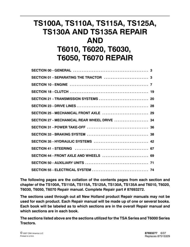 New Holland Ts100a, Ts110a, Ts115a, Ts125a, Ts130a, Ts135a, T6010, T6020, T6030, T6050, T6070 Tractor Service Repair Manual | Pdf Download image 3