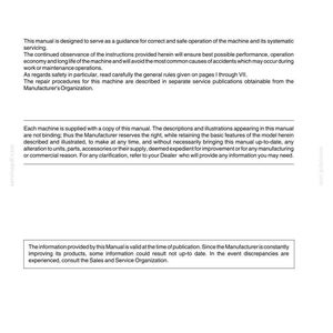 Puede incluir: Un manual blanco con la palabra "FOREWORD" en la parte superior. El texto describe el funcionamiento, la seguridad y el mantenimiento de la m&aacute;quina. El documento incluye informaci&oacute;n sobre el fabricante y las publicaciones de servicio.