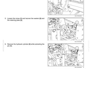 May include: Technical diagram showing steps for maintaining a hydraulic system. Instructions detail loosening nuts, removing support pins, screws, washers, and retaining plates. The image is a technical illustration.