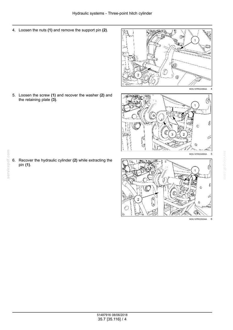 May include: Technical diagram showing steps for maintaining a hydraulic system. Instructions detail loosening nuts, removing support pins, screws, washers, and retaining plates. The image is a technical illustration.