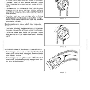 May include: A technical manual page titled 3 - CONTROLS AND INSTRUMENTS, detailing instructions for turning a machine. It includes text descriptions for pivot, counter rotation, and gradual turns, accompanied by three diagrams showing operator movements.
