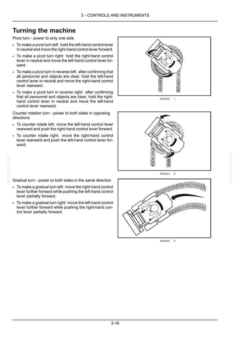 May include: A technical manual page titled 3 - CONTROLS AND INSTRUMENTS, detailing instructions for turning a machine. It includes text descriptions for pivot, counter rotation, and gradual turns, accompanied by three diagrams showing operator movements.