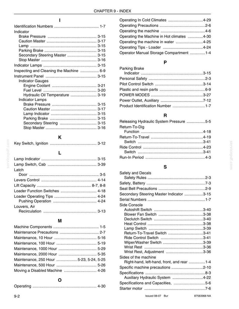 May include: Index page from a manual, with a table of contents. The text includes headings like "Indicator," "Maintenance," and "Operating." The page is printed with black text on a white background.