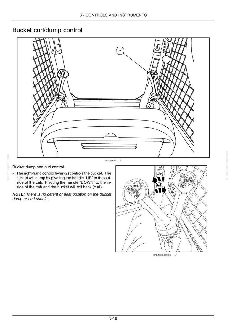 May include: Diagram of a machine control panel with the text "Bucket curl/dump control." The image shows the right-hand control lever (2) and instructions for bucket operation.