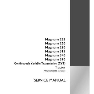 May include: A white service manual for Magnum tractors, listing models such as 235, 260, 290, 315, 340, and 370. The manual details Continuously Variable Transmission (CVT) tractors, with a part number and edition date.