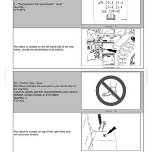 May include: A technical manual page titled 2-SAFETY INFORMATION featuring two decals. The first shows transmission fluid specifications with API CG-4, CF-4, CH-4, CI-4, SAE 15W-40 text. The second is a Do Not Step decal with a crossed-out boot icon.