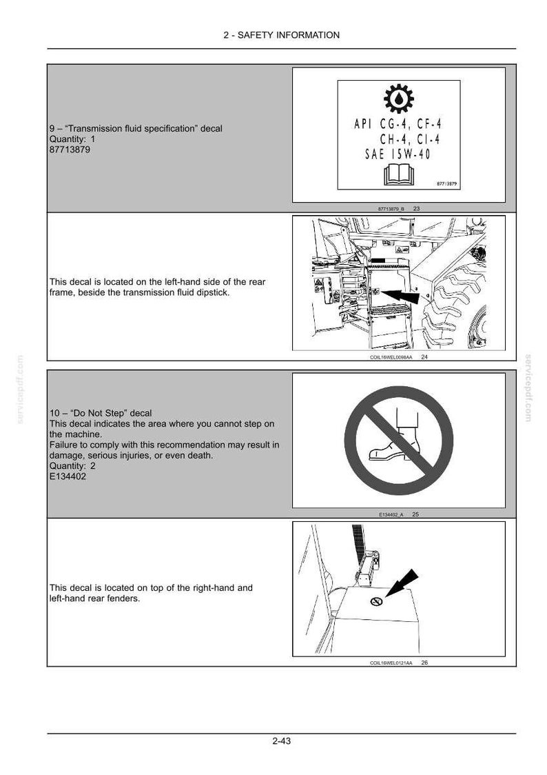May include: A technical manual page titled 2-SAFETY INFORMATION featuring two decals. The first shows transmission fluid specifications with API CG-4, CF-4, CH-4, CI-4, SAE 15W-40 text. The second is a Do Not Step decal with a crossed-out boot icon.