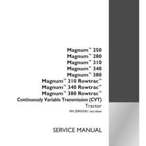 Puede incluir: Un manual de servicio blanco con el texto "Magnum" y los n&uacute;meros de modelo 250, 280, 310, 340 y 380. El manual tambi&eacute;n enumera los modelos "Rowtrac" y "Tractor de transmisi&oacute;n variable continua (CVT)". El logotipo de Case IH Agriculture est&aacute; en la esquina inferior derecha.