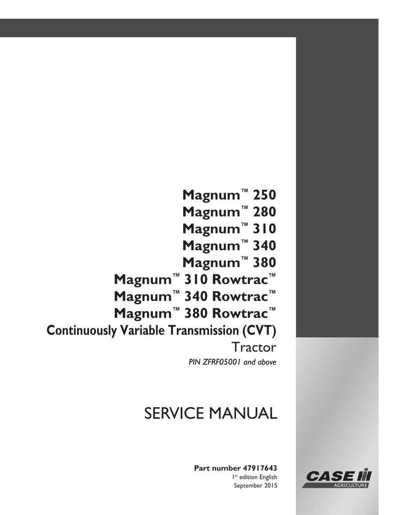 Puede incluir: Un manual de servicio blanco con el texto "Magnum" y los n&uacute;meros de modelo 250, 280, 310, 340 y 380. El manual tambi&eacute;n enumera los modelos "Rowtrac" y "Tractor de transmisi&oacute;n variable continua (CVT)". El logotipo de Case IH Agriculture est&aacute; en la esquina inferior derecha.