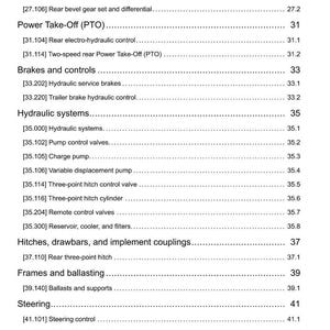 May include: A detailed table of contents from a manual, featuring various mechanical systems. Sections include rear axle, PTO, brakes, hydraulic systems, hitches, steering, and wheels. The page is white with black text and numbers.