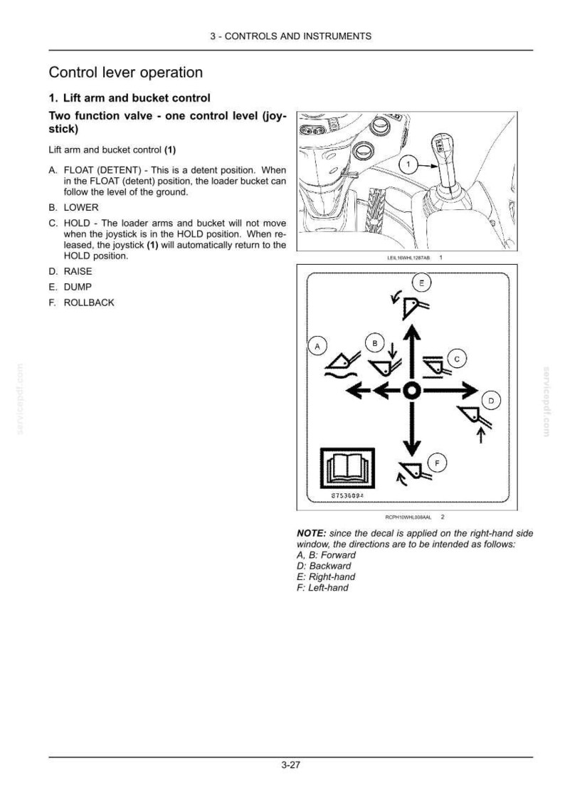 以下が含まれることがあります： 3-CONTROLS AND INSTRUMENTSと題された技術マニュアルのページ。ローダーのジョイスティック制御レバーの操作図が示されています。テキストによる説明、ジョイスティックのイラスト、およびAからFのラベルが付いた方向デカールのガイドが含まれています。