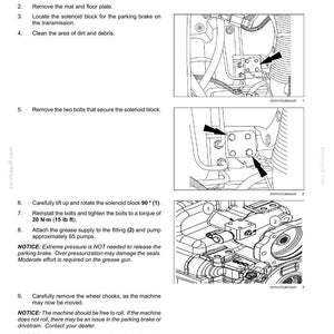 May include: Diagram of a machine's parking brake maintenance procedure. The image shows detailed steps, including removing bolts, rotating a solenoid block, and attaching a grease supply. Text instructions and diagrams are included.