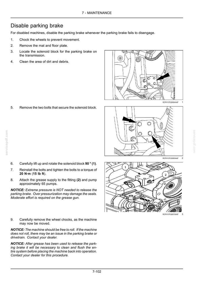 May include: Diagram of a machine's parking brake maintenance procedure. The image shows detailed steps, including removing bolts, rotating a solenoid block, and attaching a grease supply. Text instructions and diagrams are included.