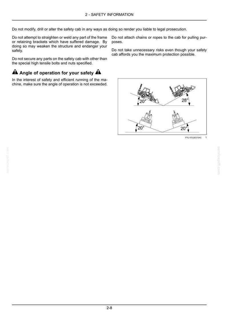 May include: A page from a manual with the title "2 - SAFETY INFORMATION". It includes safety instructions and diagrams of machinery with angle measurements. The text warns against modifications and improper operation.