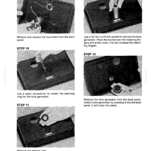 May include: A series of instructional images detailing the removal and replacement of components from a black panel. Steps include removing the hourmeter, tone generator, and retainer ring, with text instructions and tool suggestions.
