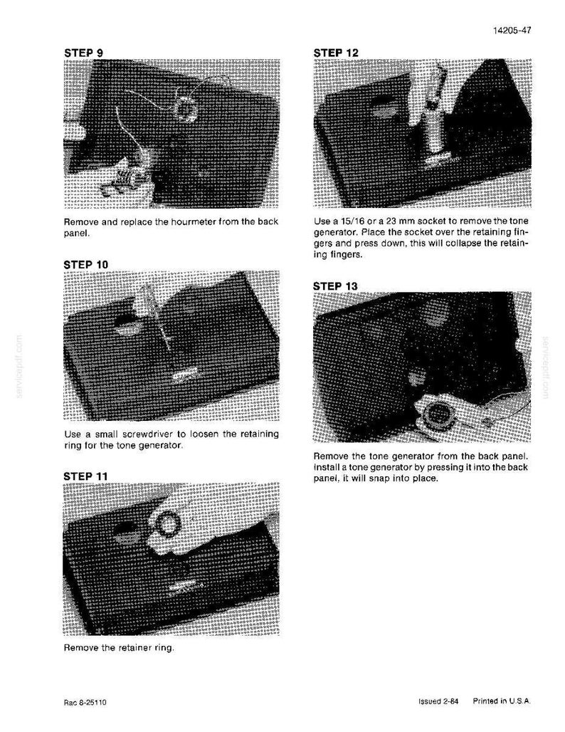 May include: A series of instructional images detailing the removal and replacement of components from a black panel. Steps include removing the hourmeter, tone generator, and retainer ring, with text instructions and tool suggestions.