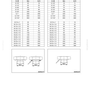 May include: Operator's manual with tables detailing tightening torques for flanges and plugs with flat gaskets. Includes measurements in inch-pound force units. Diagrams of components are also shown.