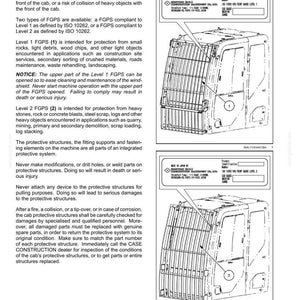 Puede incluir: Diagrama de una estructura protectora frontal para una cabina de m&aacute;quina, con dos niveles de protecci&oacute;n. El nivel 1 es para escombros ligeros, el nivel 2 para objetos pesados. Incluye texto e ilustraciones.